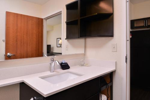 a bathroom with a sink and a mirror at Candlewood Suites Terre Haute, an IHG Hotel in Terre Haute