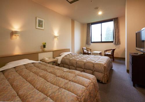 a hotel room with two beds and a television at Kirishima Hotel in Kirishima