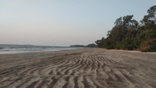 an empty beach with tire tracks in the sand at Kulswami Cottage Alibag in Alibaug