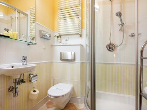 a bathroom with a shower and a toilet and a sink at Hotel Maltański in Kraków