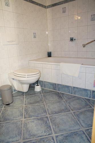 a bathroom with a toilet and a bath tub at Ferienwohnung Hartmann in Obermaiselstein