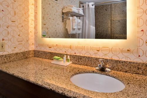a bathroom with a sink and a mirror at Holiday Inn Hotel & Suites Rochester - Marketplace by IHG in Rochester