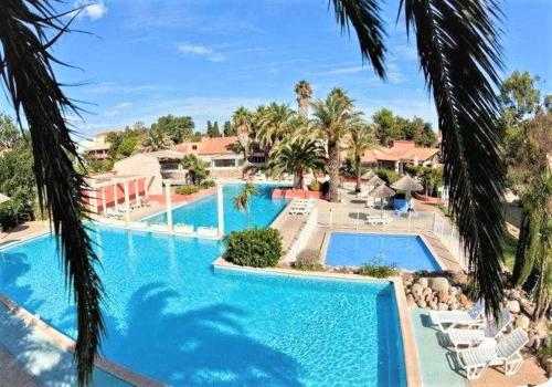 a large swimming pool with chairs and palm trees at Malibu Village in Canet-en-Roussillon