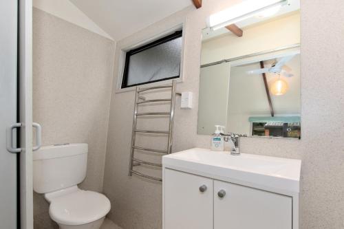 een badkamer met een toilet, een wastafel en een tv bij The Stables Wairoro Park - Russell Holiday Home in Russell