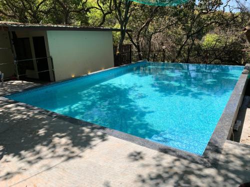 a large blue swimming pool next to a house at Honeywood Holiday Homes in Mahabaleshwar