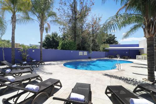 a swimming pool with chaise lounge chairs and palm trees at Staybridge Suites Guadalajara Expo by IHG in Guadalajara