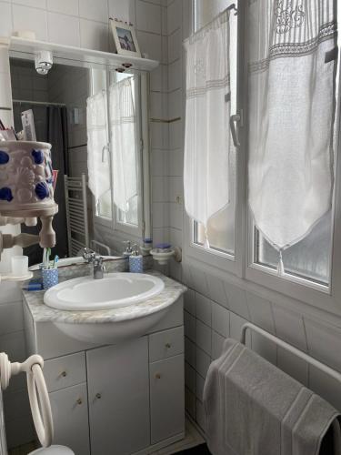 a bathroom with a sink and a mirror at Le Trianon in Le Bourgneuf-la-Forêt