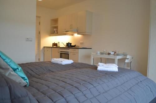 a bedroom with a large bed and a kitchen at Borg Apartments in Hvolsvöllur