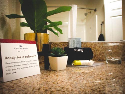 a counter top with a sign and a plant on it at Candlewood Suites Alabaster by IHG in Alabaster