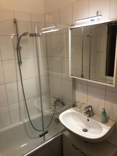 een badkamer met een douche, een wastafel en een spiegel bij Appartement Möwe mit 2 Zimmer im Zentrum Potsdams direkt an der Havel in Potsdam