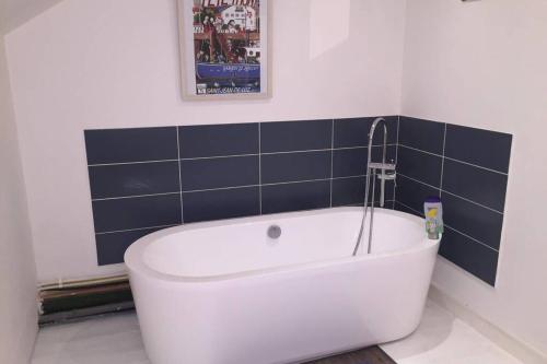 a white bath tub in a bathroom with blue tiles at Faites le plein de nature ! in Arbon