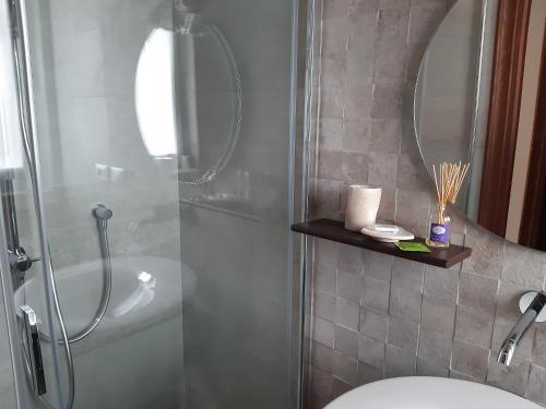 a bathroom with a shower and a toilet and a mirror at SANTA MARIA DI LORGANA in Minerbio