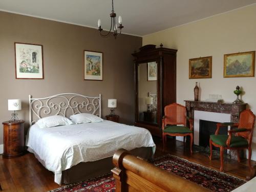 1 dormitorio con 1 cama, chimenea y silla en Chambres d'Hôtes - Domaine Des Perrières, en Crux-la-Ville