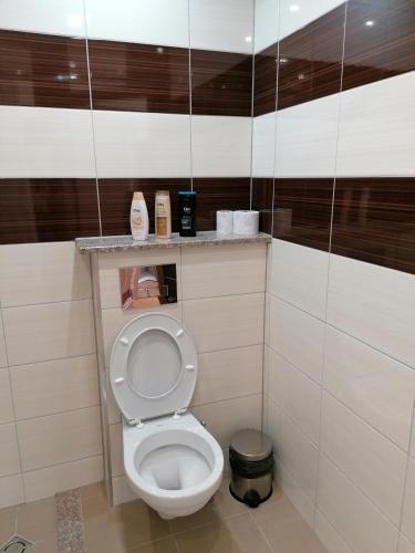 a bathroom with a white toilet in a room at Hotel Lago Peshtera in Peshtera