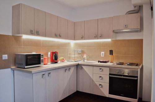 a small kitchen with a microwave and a stove at Vila Andrei in Băile Olăneşti