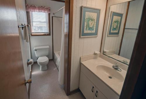 a bathroom with a sink and a toilet and a mirror at Outer Banks Motel in Buxton