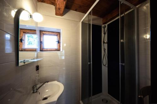 a bathroom with a shower and a sink and a mirror at Liptovský Trnovec 178 in Liptovský Trnovec
