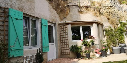 a house with green shutters and potted plants on it at Caves du Coteau 3 in Lunay