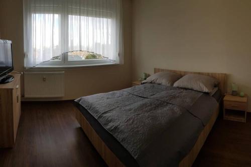 Un dormitorio con una cama grande y una ventana en Chill Apartman en Komárom