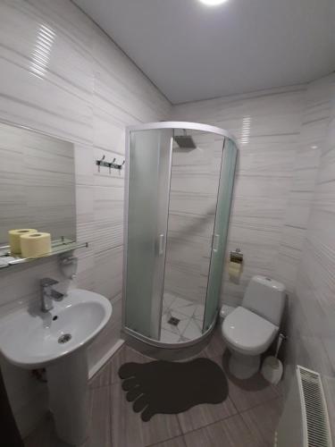 a bathroom with a sink and a toilet and a mirror at Mini-hotel in Umanʼ