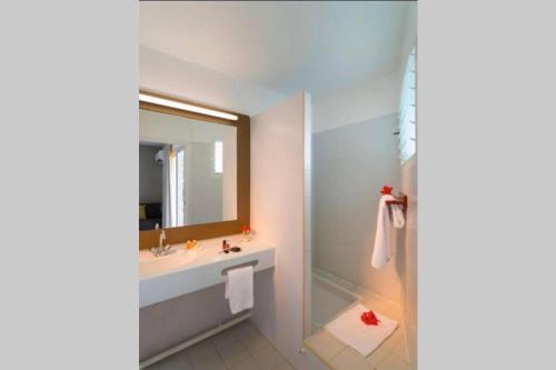 ein Bad mit einem Waschbecken und einem Spiegel in der Unterkunft Studio vue sur mer hôtel le Manganao in Saint-François