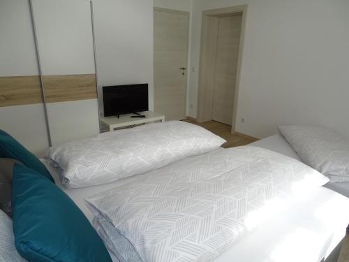 a bedroom with two beds and a television on a table at Ferienwohnungen Eva in Mühlbach am Hochkönig