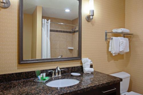 a bathroom with a sink and a mirror and a toilet at Holiday Inn & Suites San Mateo - SFO by IHG in San Mateo