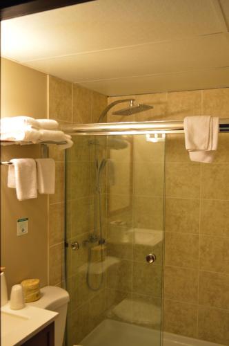 a bathroom with a shower with a glass door at Airport Traveller's Inn in Calgary