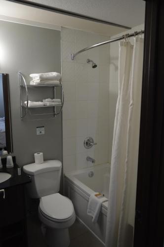 a bathroom with a toilet and a tub and a sink at Airport Traveller's Inn in Calgary