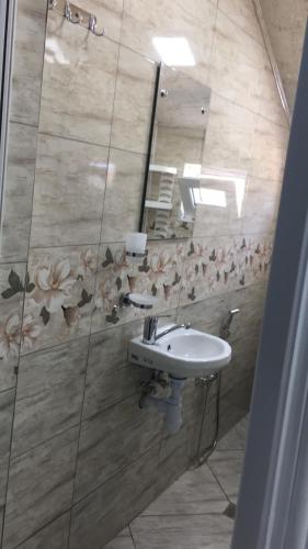 a bathroom with a sink and a mirror at Hasanovs Villa in Baku