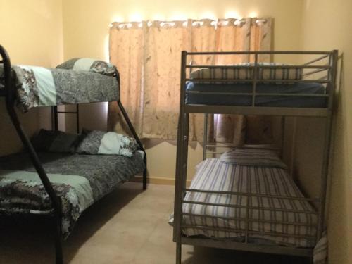 um quarto com 3 beliches e uma janela em Caretakers Cottage Budget Accommodation em Denham