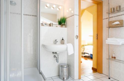 een badkamer met een wastafel en een douche bij Landhaus Artischocke in Hemmingen