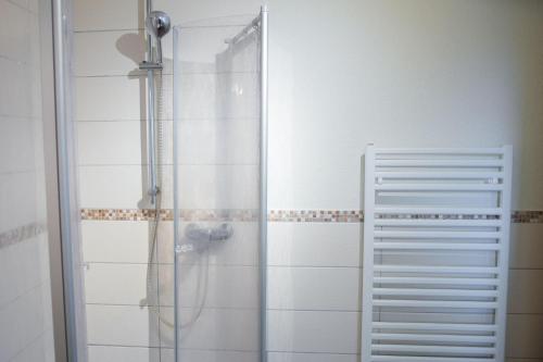 a shower with a glass door next to a towel rack at Haus Meeresglück Seemöwe in Dahme