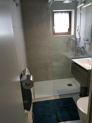 uma casa de banho com um chuveiro, um WC e um lavatório. em Vakantienestje em Bredene