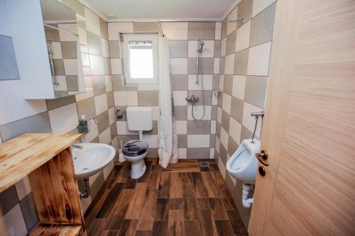 a bathroom with a toilet and a sink and a urinal at Apartmaji Pri Kozmavo - Little House in Bohinj