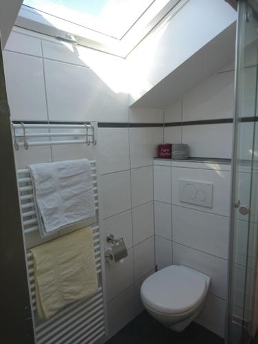 een kleine badkamer met een toilet en een licht bij Gästehaus Sonnleit`n in Lenggries