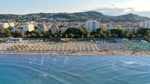 a beach with a bunch of umbrellas and the water at Hotel Nel Pineto in Montesilvano