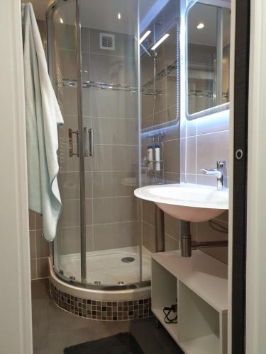 uma casa de banho com um chuveiro e um lavatório. em Le Cap d'Agde NATURISTE Grand T2 de standing avec GARAGE em Cap d'Agde