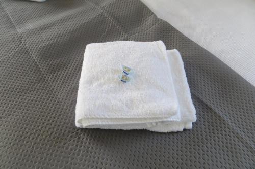a white towel sitting on top of a bed at B&B Biesehof in Kapelle