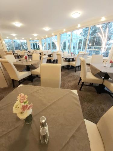 a dining room with tables and chairs and windows at Hotel Montana Limburg in Limburg an der Lahn