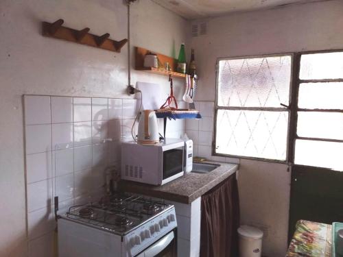 a small kitchen with a stove and a microwave at las cuatro eme in Paysandú