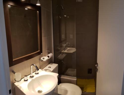 a bathroom with a sink and a toilet and a mirror at Marbella 15 in Puerto Madryn