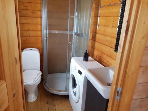 a bathroom with a shower and a toilet and a sink at Stundarfriður cottages in Stykkishólmur