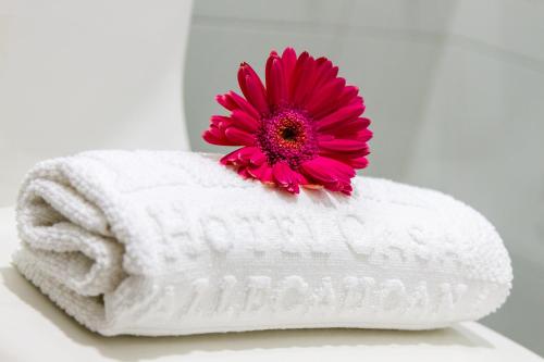 卡利的住宿－Hotel Casa Vallecaucana，白毛巾上方的粉红色花朵