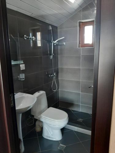 La salle de bains est pourvue de toilettes et d'un lavabo. dans l'établissement Cottage Igloo Bakuriani, à Bakuriani