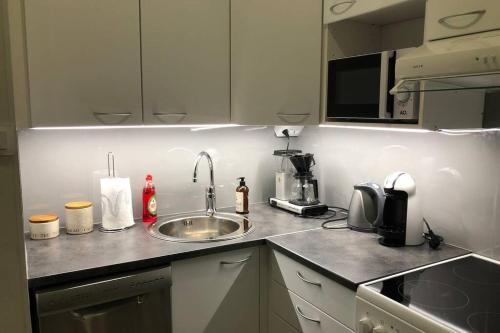 a kitchen counter with a sink and a microwave at Studio Vescu in Lahti