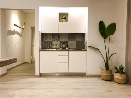 Una cocina con gabinetes blancos y una planta en maceta. en ODRA Suites, en Otranto