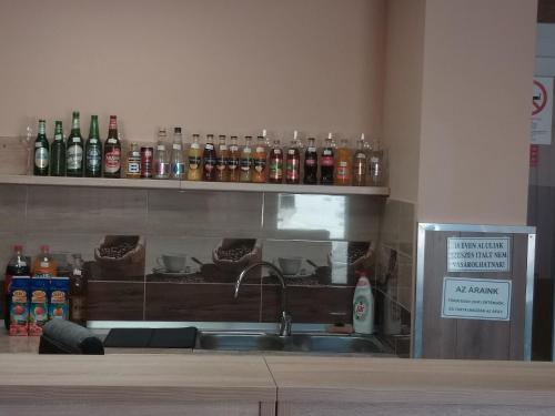 a kitchen with a sink and a shelf with bottles at M7 Galéria Panzió in Letenye