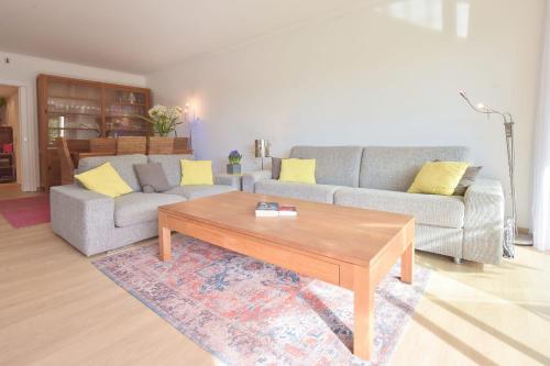 un salon avec un canapé et une table basse dans l'établissement 2-Br Apartment with pool & garage - 10 min walk to center, à Cannes