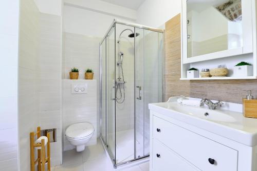 a bathroom with a shower and a toilet and a sink at Apartments Toma in Split